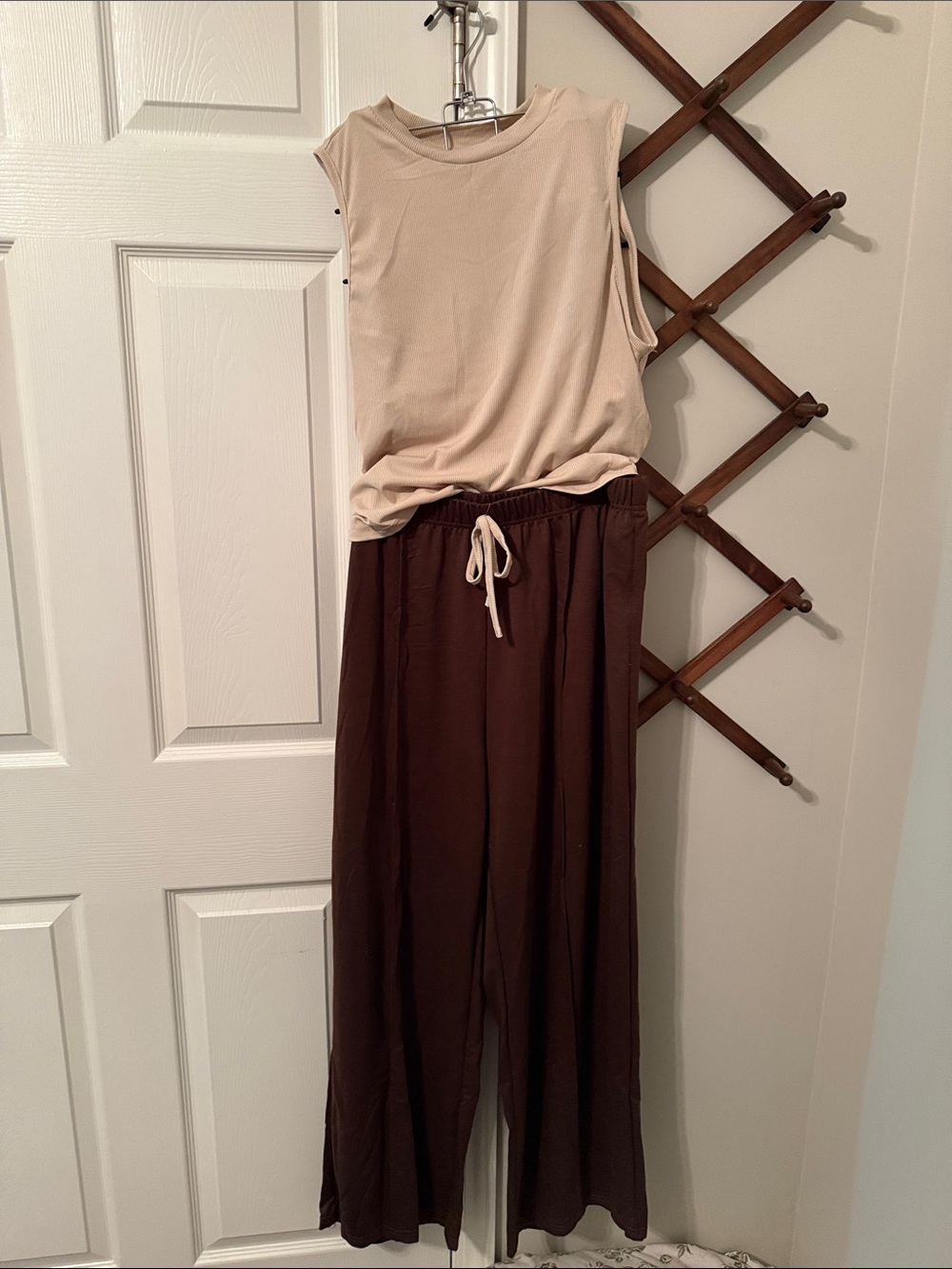 Beige Cropped Tank Top and Wide-Leg Drawstring Pants in Dark Brown SET